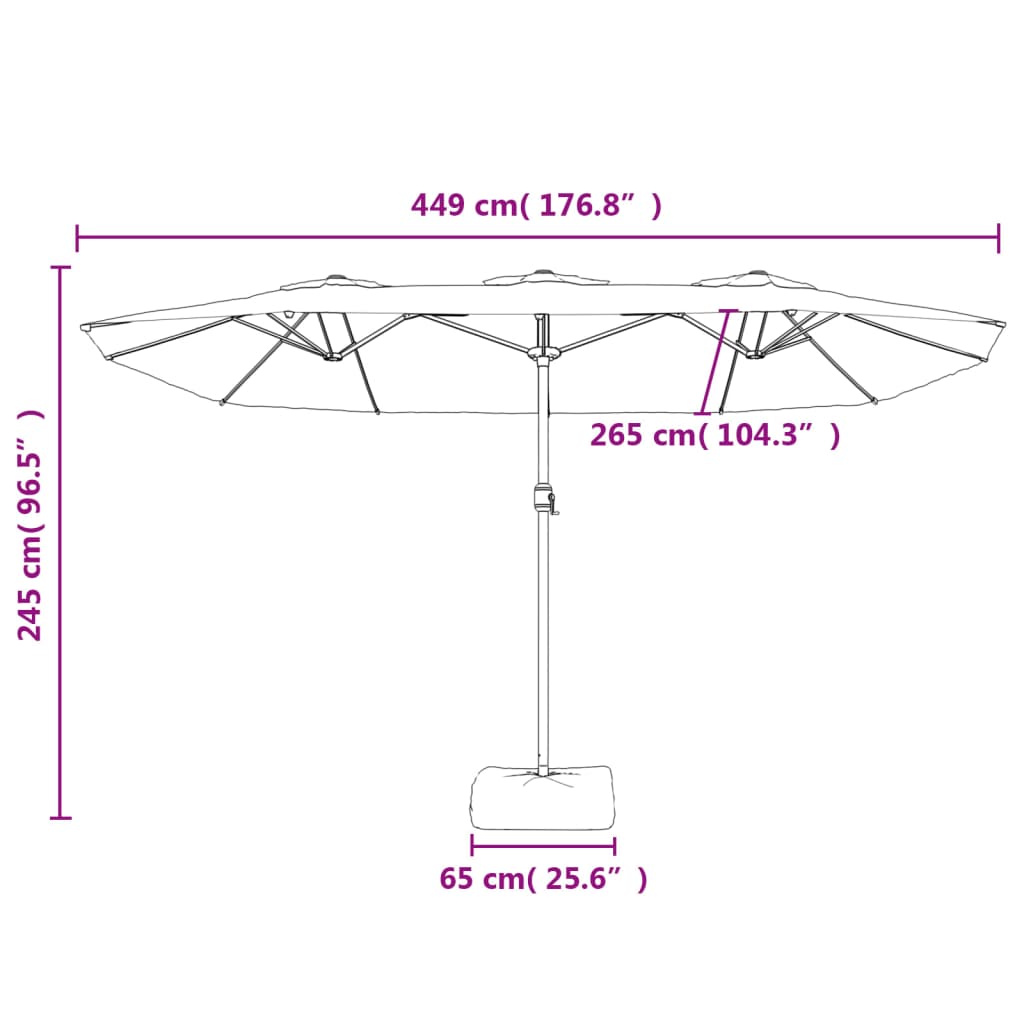 parasol m. dobbelt parasoldug og LED-lys 449x265 cm bordeauxrød