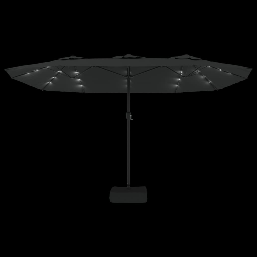 parasol med dobbelt parasoldug og LED-lys 449x265 cm sort
