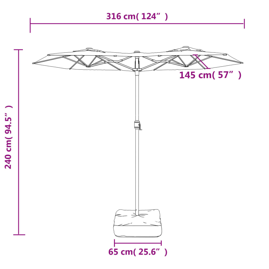 parasol m. dobbelt parasoldug og LED-lys 316x145 cm antracitgrå