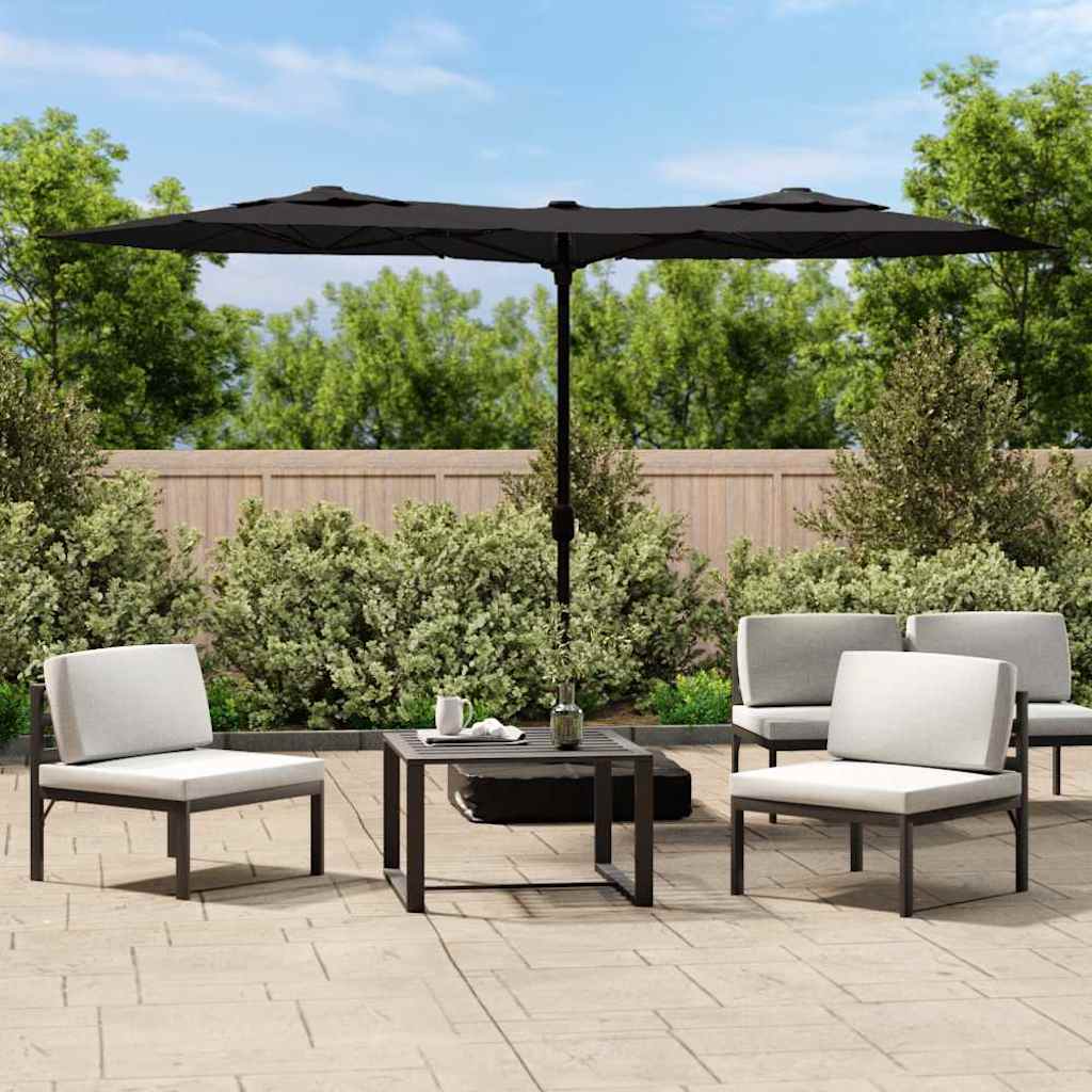 parasol med dobbelt parasoldug og LED-lys 316x145 cm sort