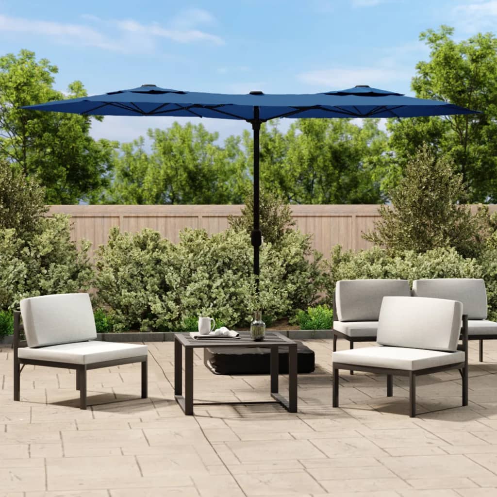 parasol med dobbelt parasoldug og LED-lys 316x145 cm azurblå