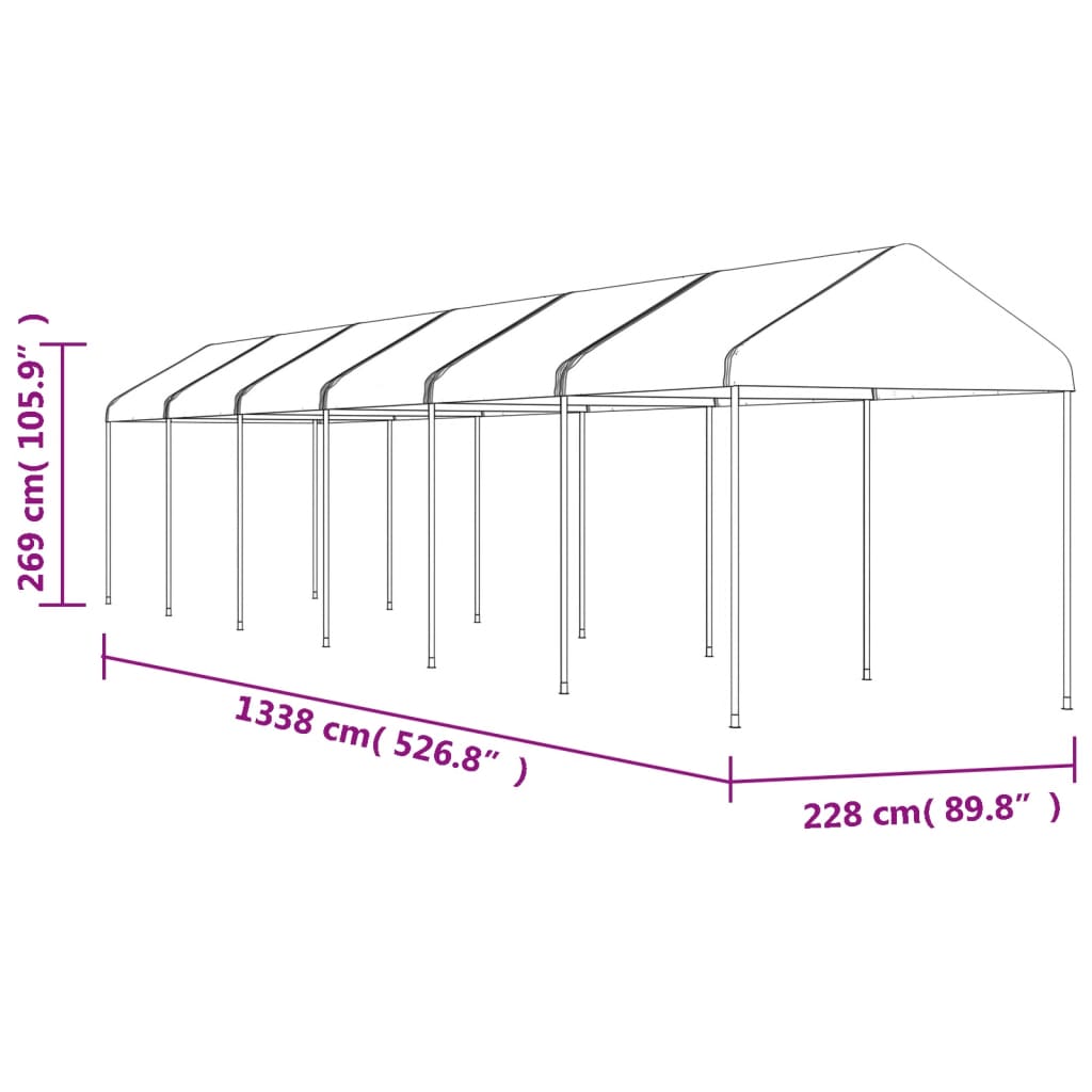 pavillon med tag 13,38x2,28x2,69 m polyethylen hvid