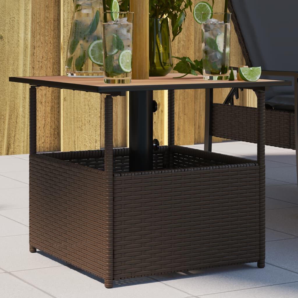 havebord med parasolhul 55x55x46,5 cm polyrattan brun billede