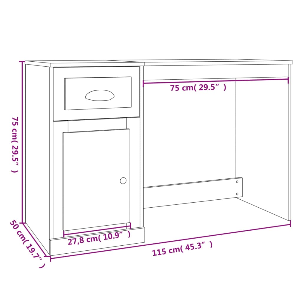 skrivebord med skuffe 115x50x75 cm konstrueret træ sort