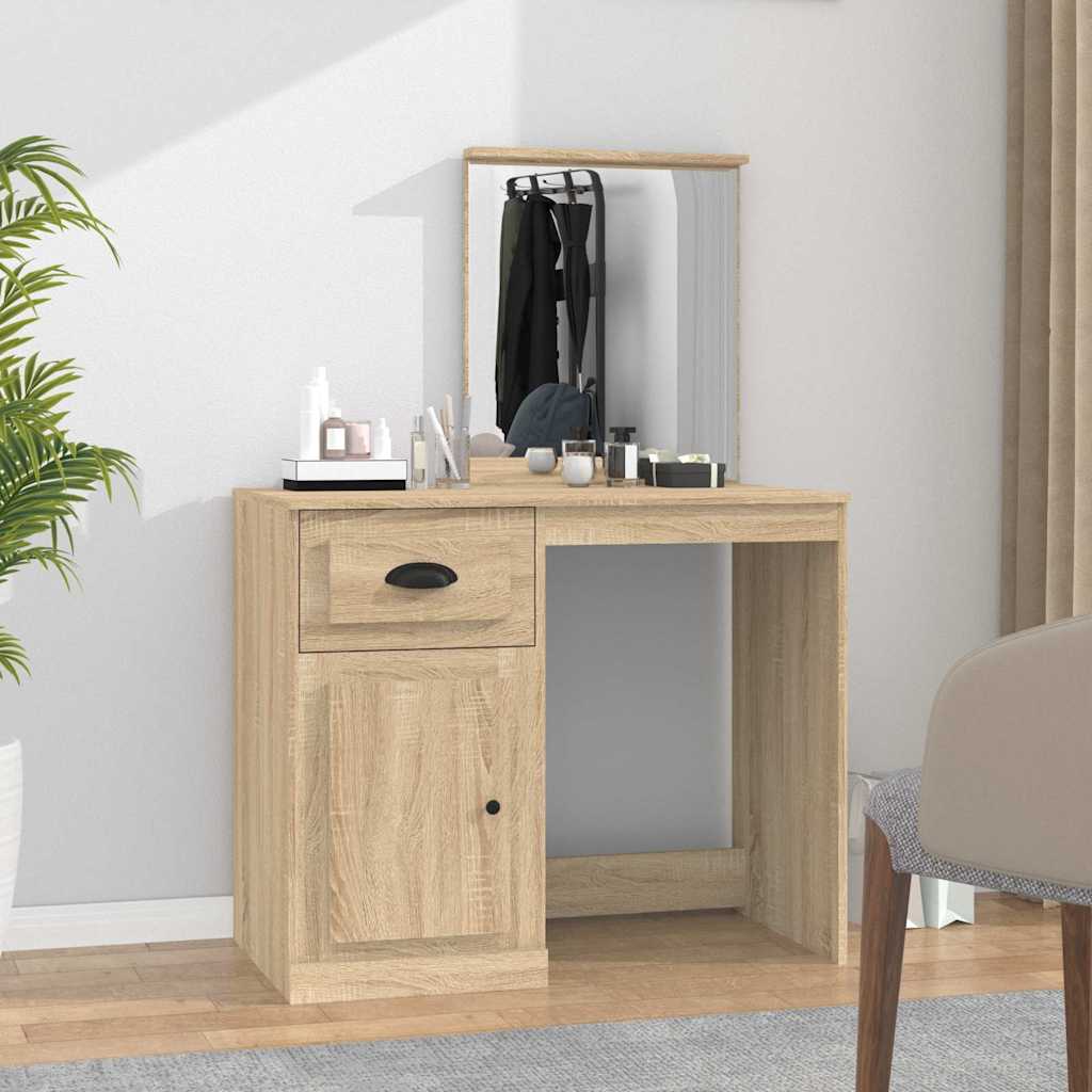 makeupbord med spejl 90x50x132,5 cm konstrueret træ sonoma-eg billede
