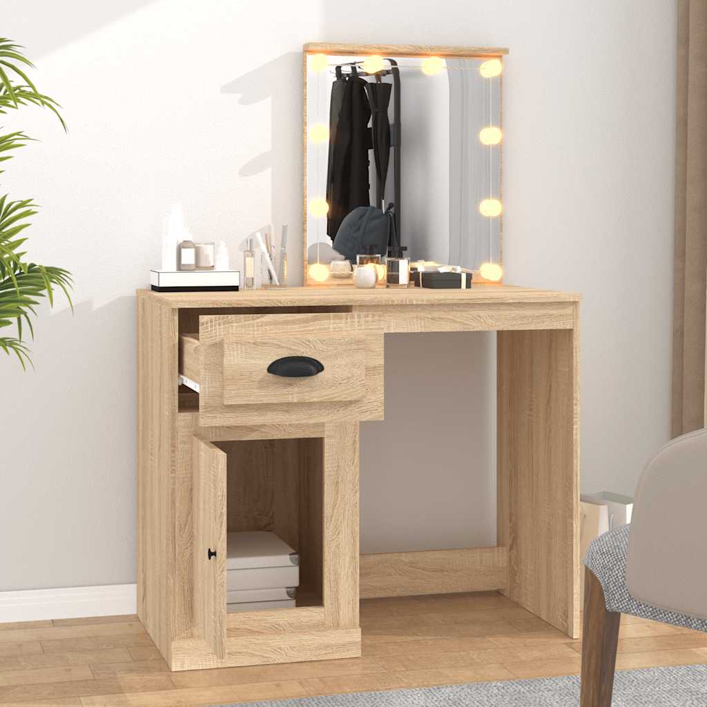 makeupbord med LED-lys 90x50x132,5 cm konstrueret træ sonoma-eg