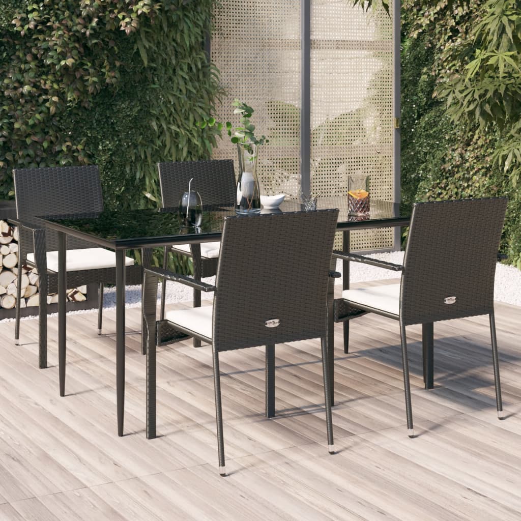 spisebordssæt til haven 5 dele med hynder polyrattan sort