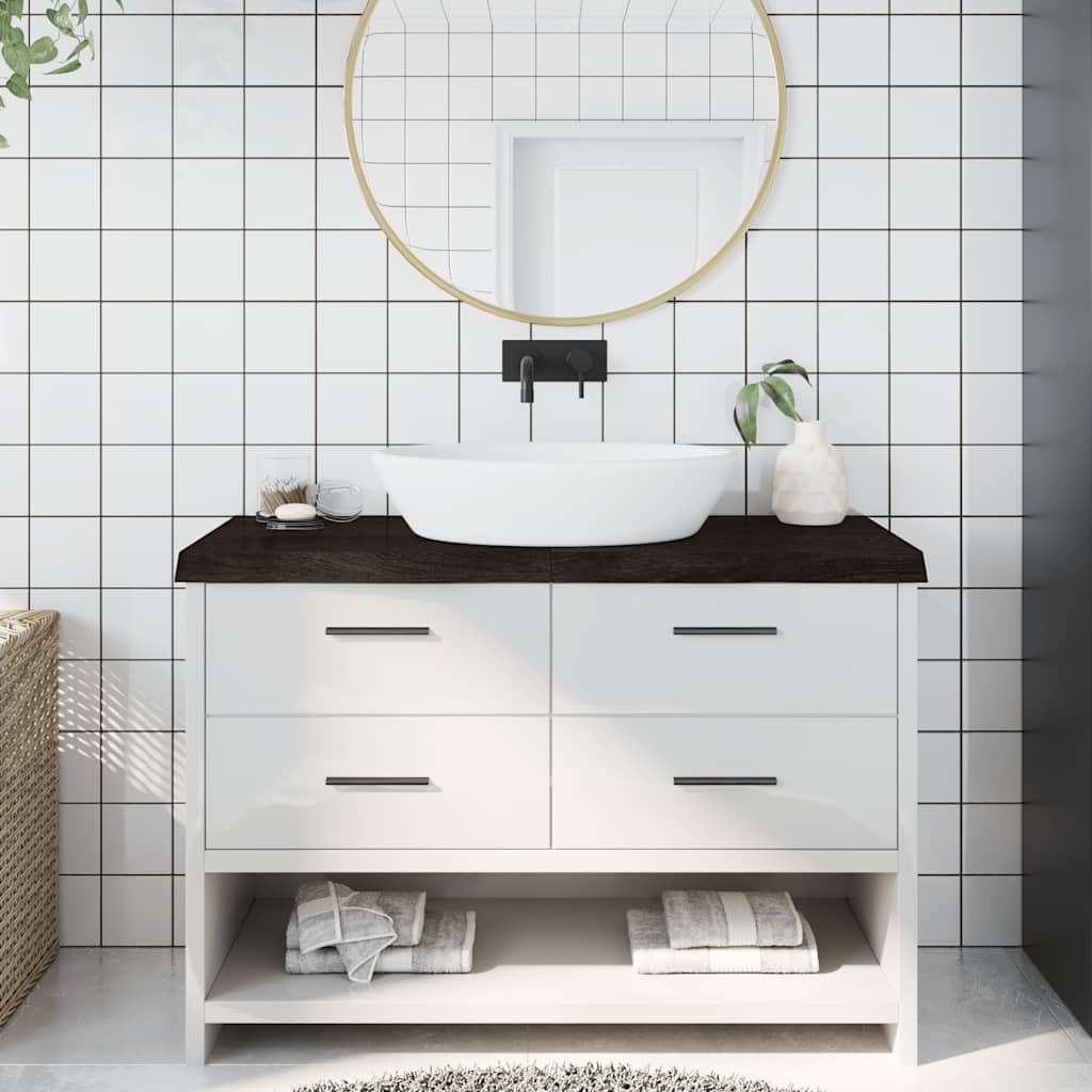 Bordplade til badeværelse i massivt egetræ 120×40×(2-6) cm - mørkebrun, naturlig kant