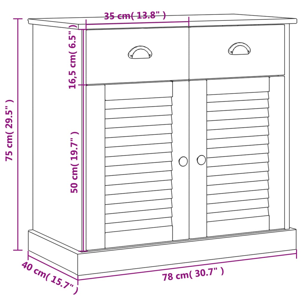 skænk med skuffer VIGO 78x40x75 cm massivt fyrretræ hvid
