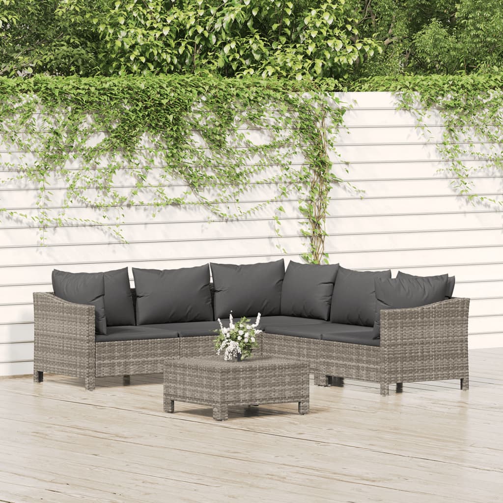 loungesæt til haven 6 dele med hynder polyrattan grå