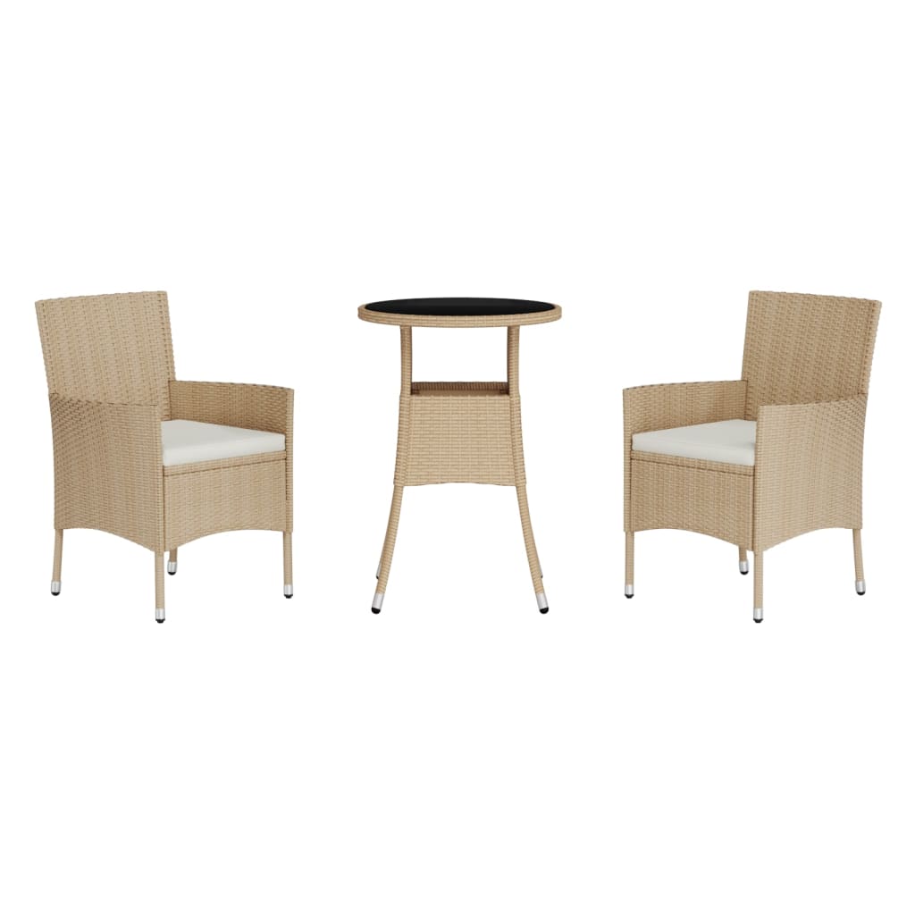 bistrosæt til haven 3 dele med hynder polyrattan beige