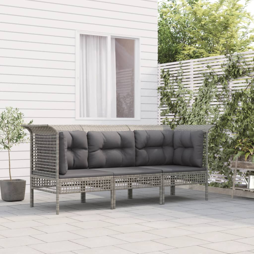 loungesæt til haven 3 dele med hynder polyrattan grå