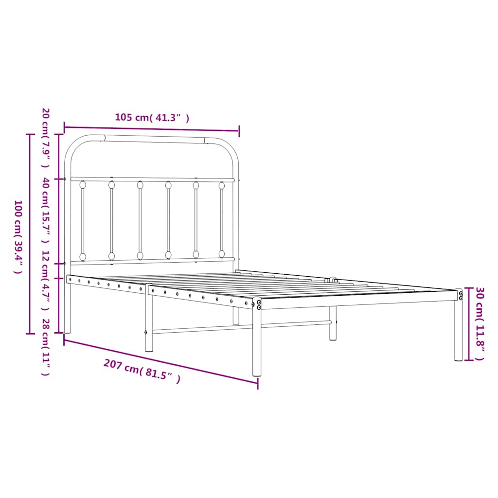 sengeramme med sengegavl 100x200 cm metal sort