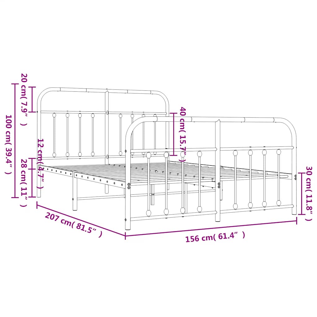 sengeramme med sengegavl og fodgærde 150x200 cm metal hvid