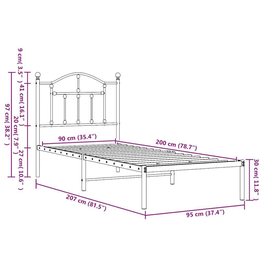 sengeramme med sengegavl 90x200 cm metal sort