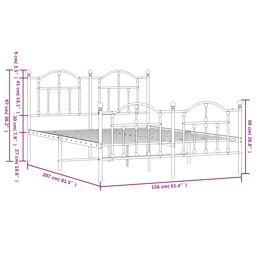 sengeramme med sengegavl og fodgærde 150x200 cm metal sort