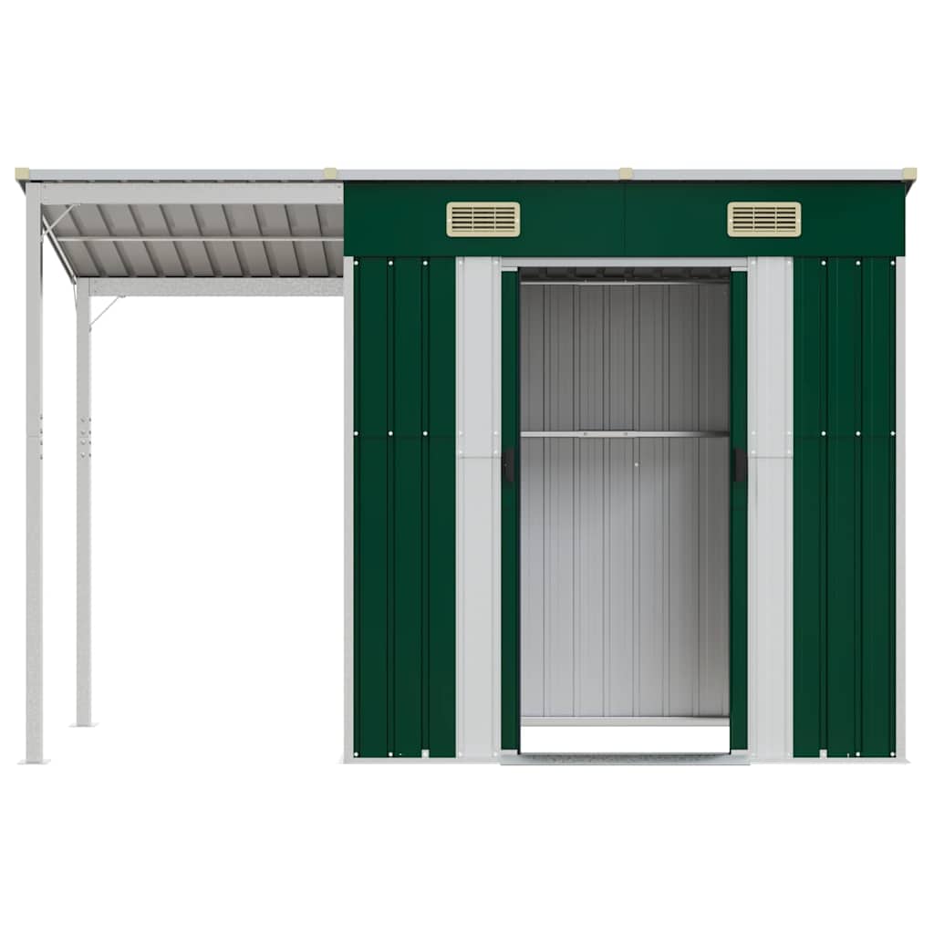 haveskur med udvidet tag 277x107x181 cm stål grøn