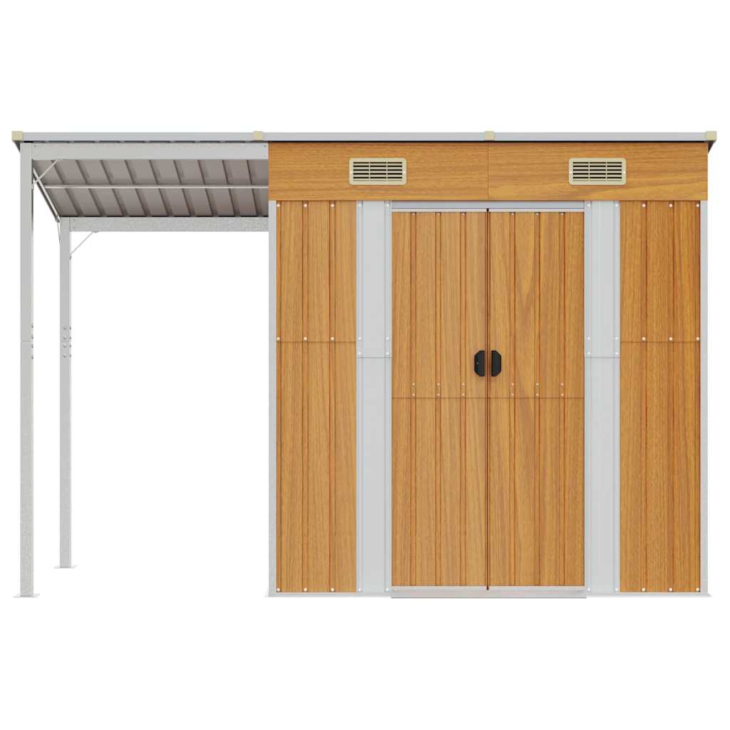 haveskur med udvidet tag 277x107x181 cm stål lysebrun
