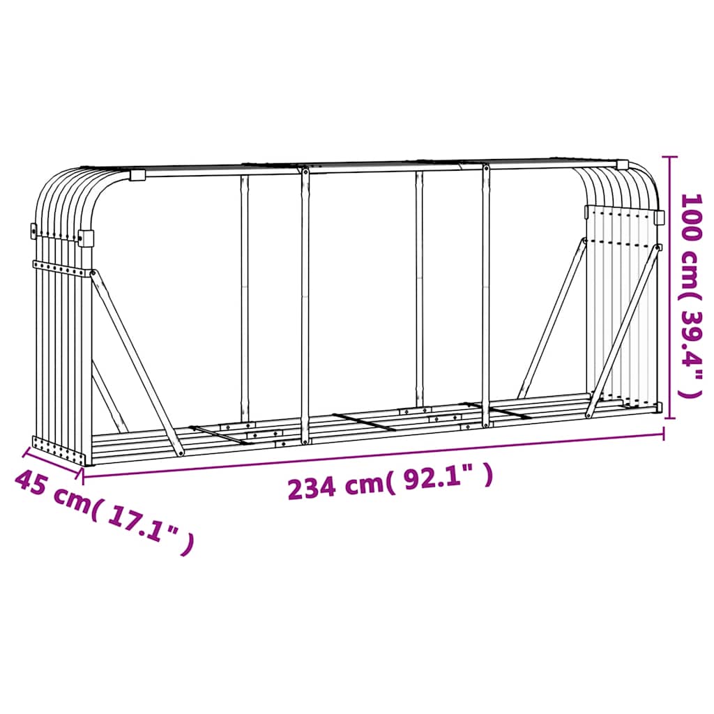 brændestativ 234x45x100 cm galvaniseret stål lysegrå