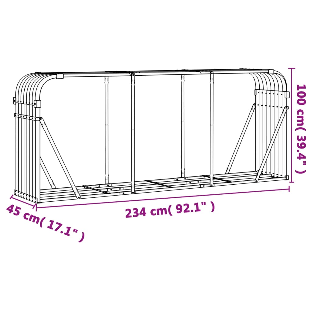 brændestativ 234x45x100 cm galvaniseret stål trælook