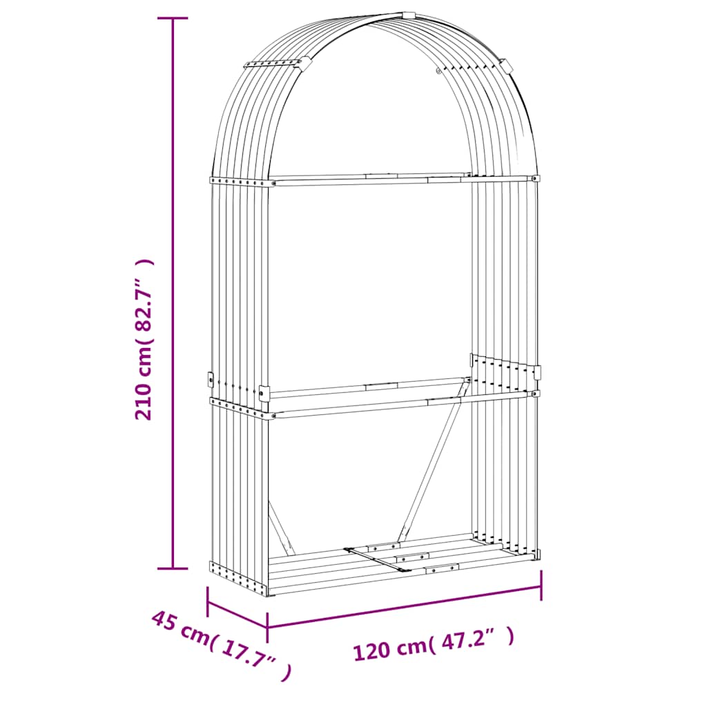brændestativ 120x45x210 cm galvaniseret stål sølvfarvet
