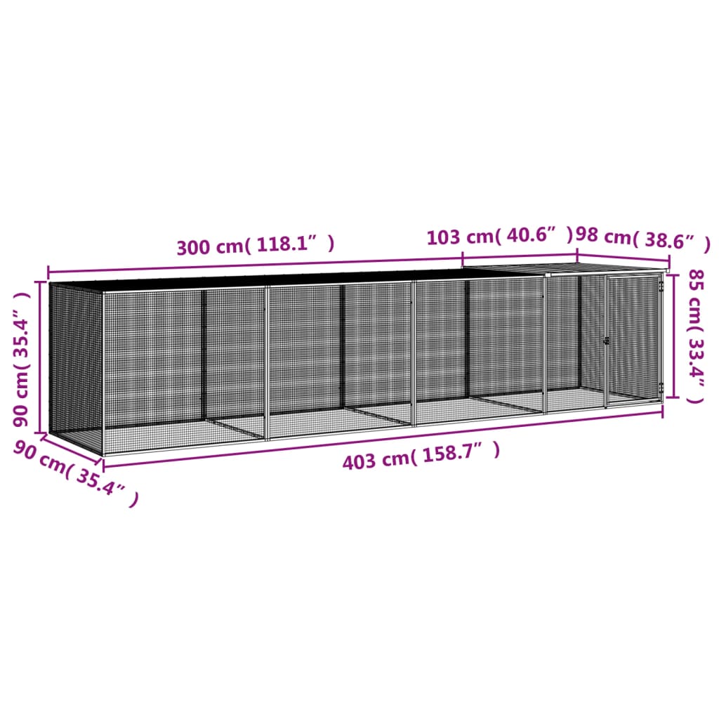 hønsebur med tag 403x98x90 cm galvaniseret stål antracitgrå