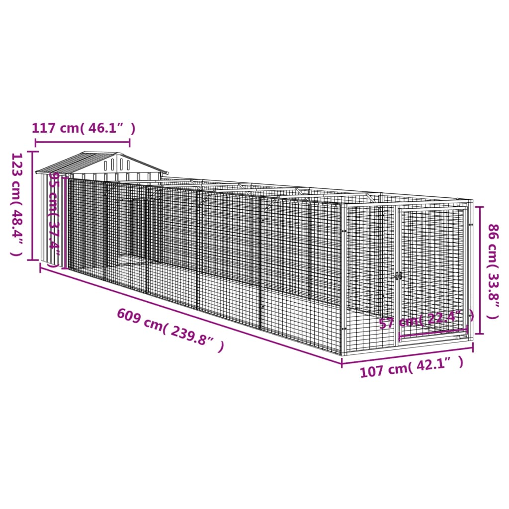 hundehus med tag 117x609x123 cm galvaniseret stål lysegrå