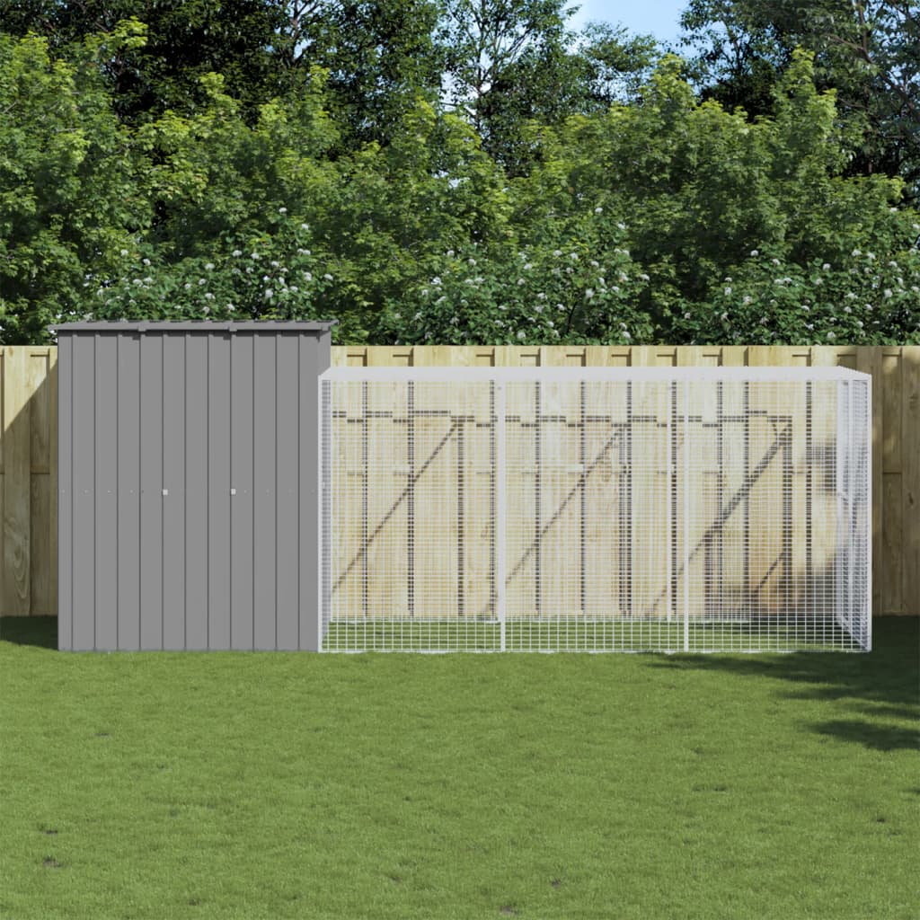 hønsehus med løbegård 165x455x181 cm galvaniseret stål lysegrå billede