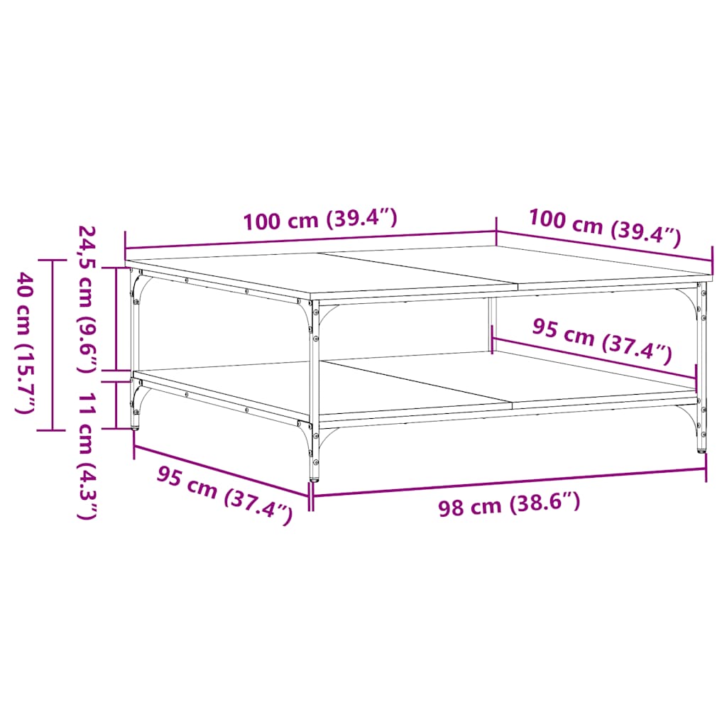 sofabord 100x100x40 cm konstrueret træ sonoma-eg
