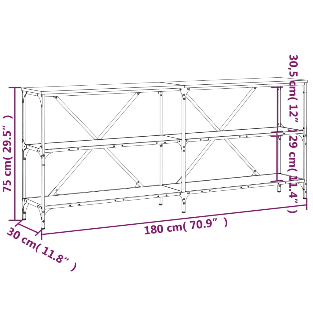 konsolbord 180x30x75 cm konstrueret træ og jern grå sonoma-eg