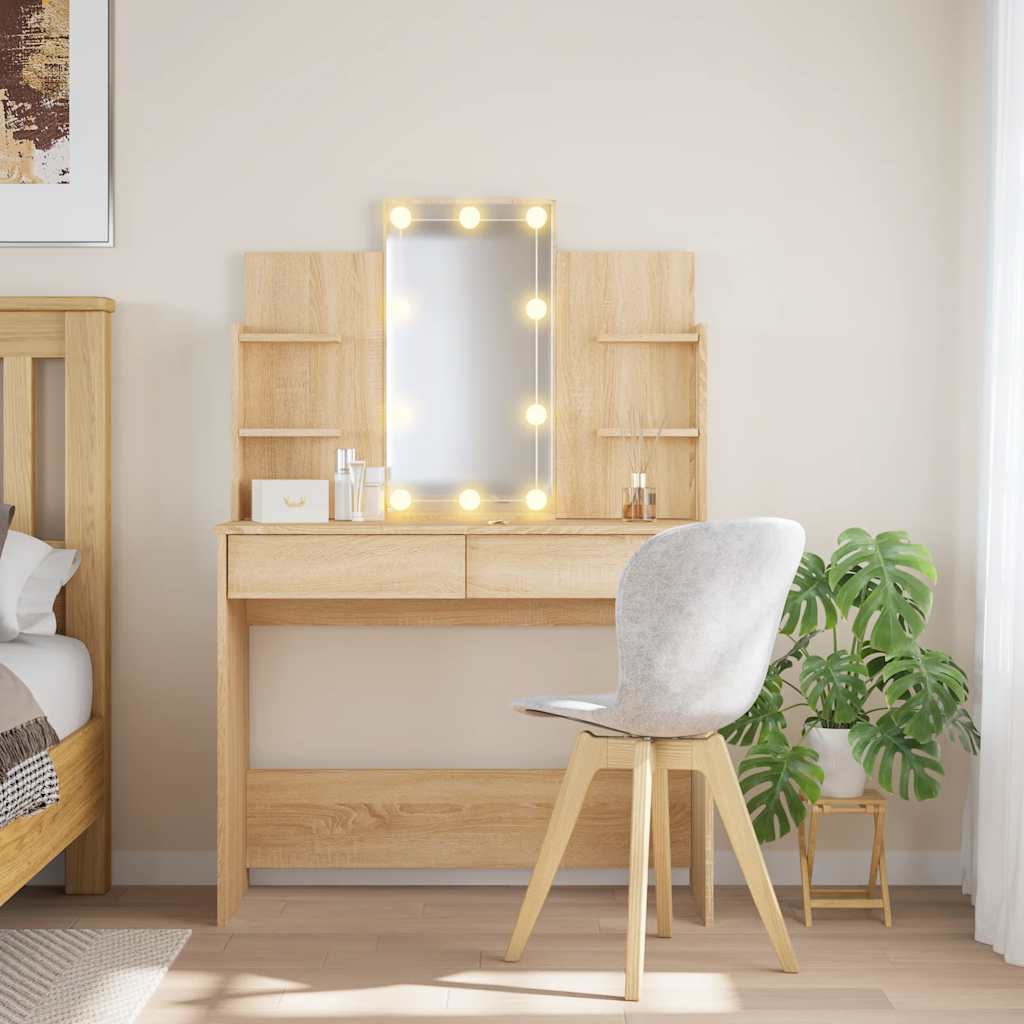 makeupbord med LED-lys 96x40x142 cm sonoma-eg billede