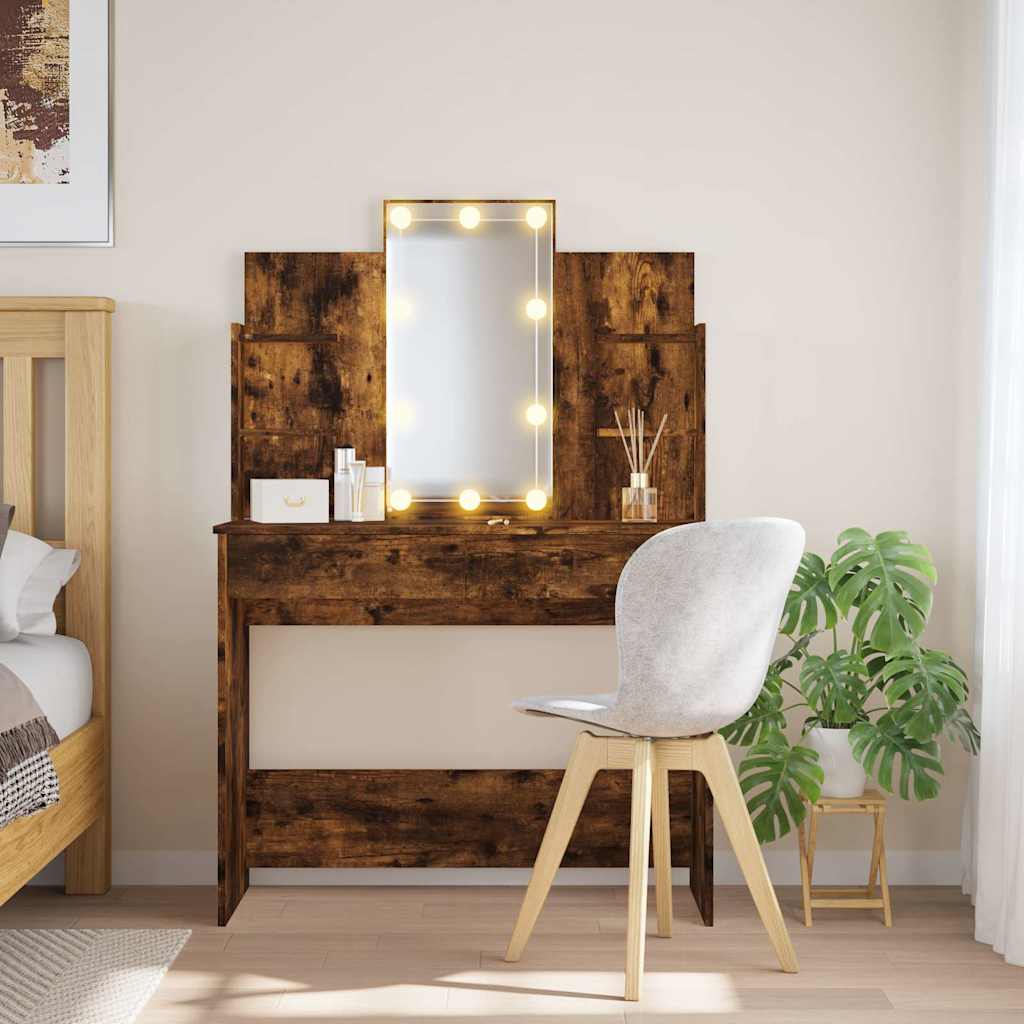 makeupbord med LED-lys 96x40x142 cm røget egetræsfarve billede