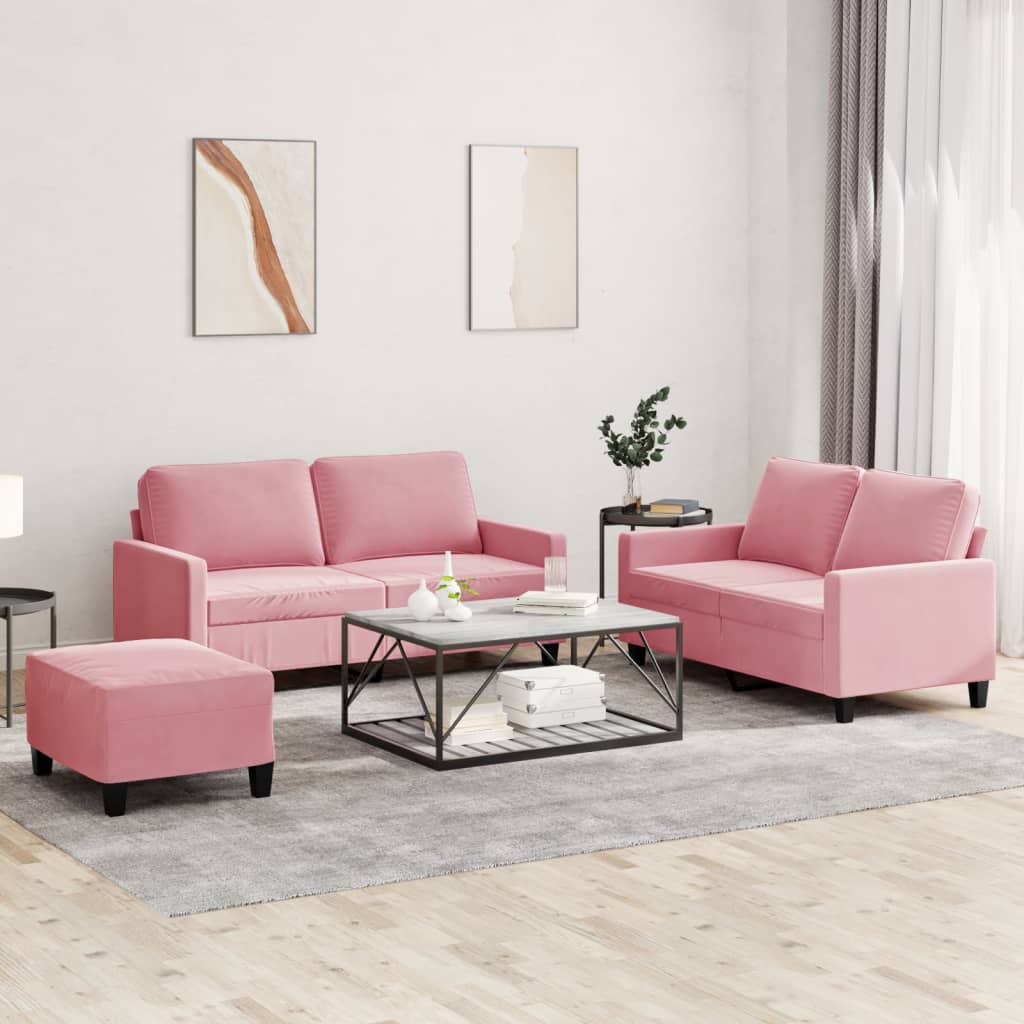 sofasæt 3 dele med hynder velour lyserød