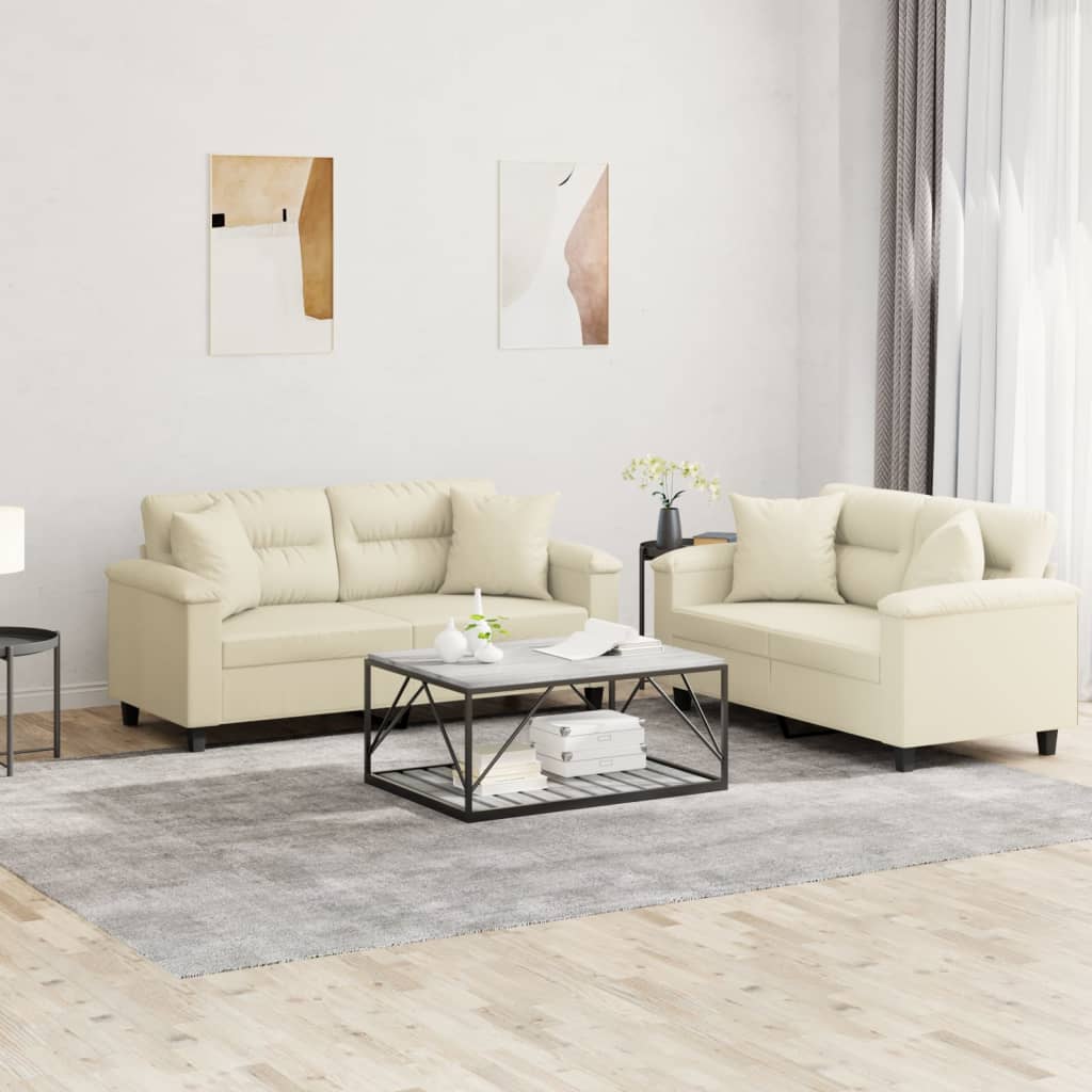 sofasæt 2 dele med puder kunstlæder cremefarvet