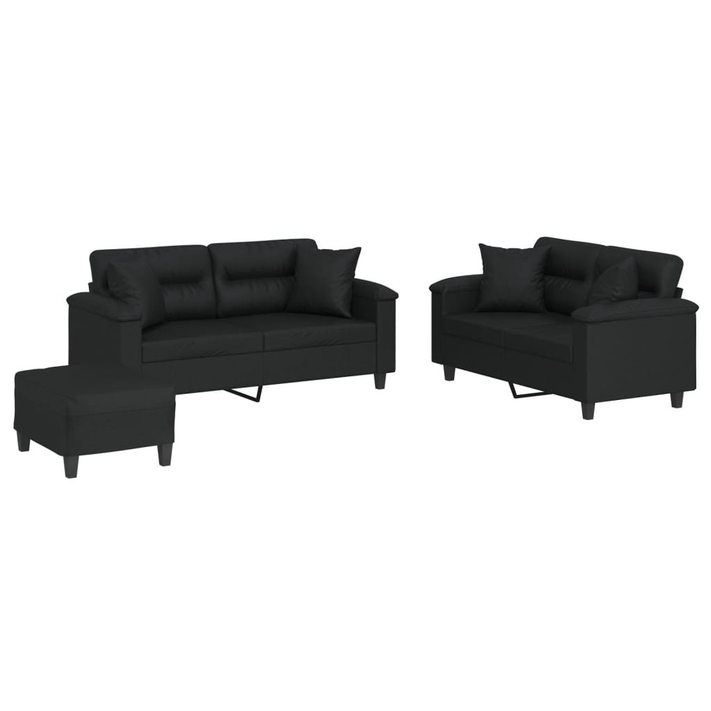 sofasæt 3 dele med puder kunstlæder sort