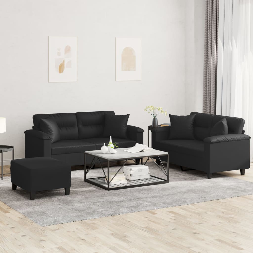 sofasæt 3 dele med puder kunstlæder sort