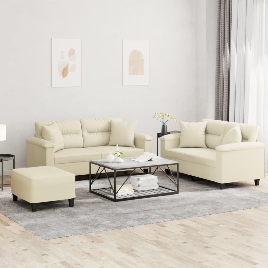 sofasæt 3 dele med puder kunstlæder cremefarvet