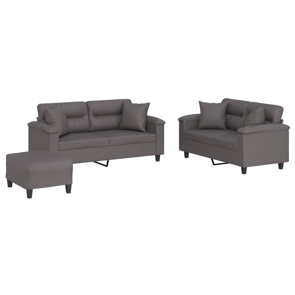 sofasæt 3 dele med puder kunstlæder grå