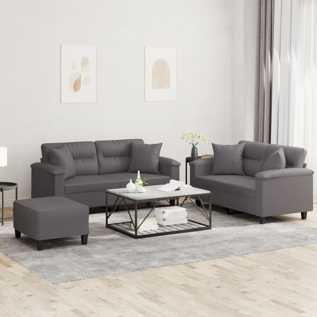 sofasæt 3 dele med puder kunstlæder grå