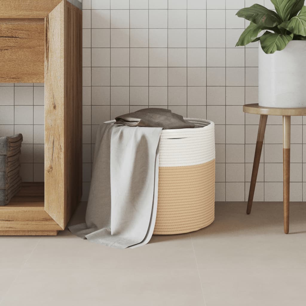 opbevaringskurv Ø40x35 cm bomuld beige og hvid