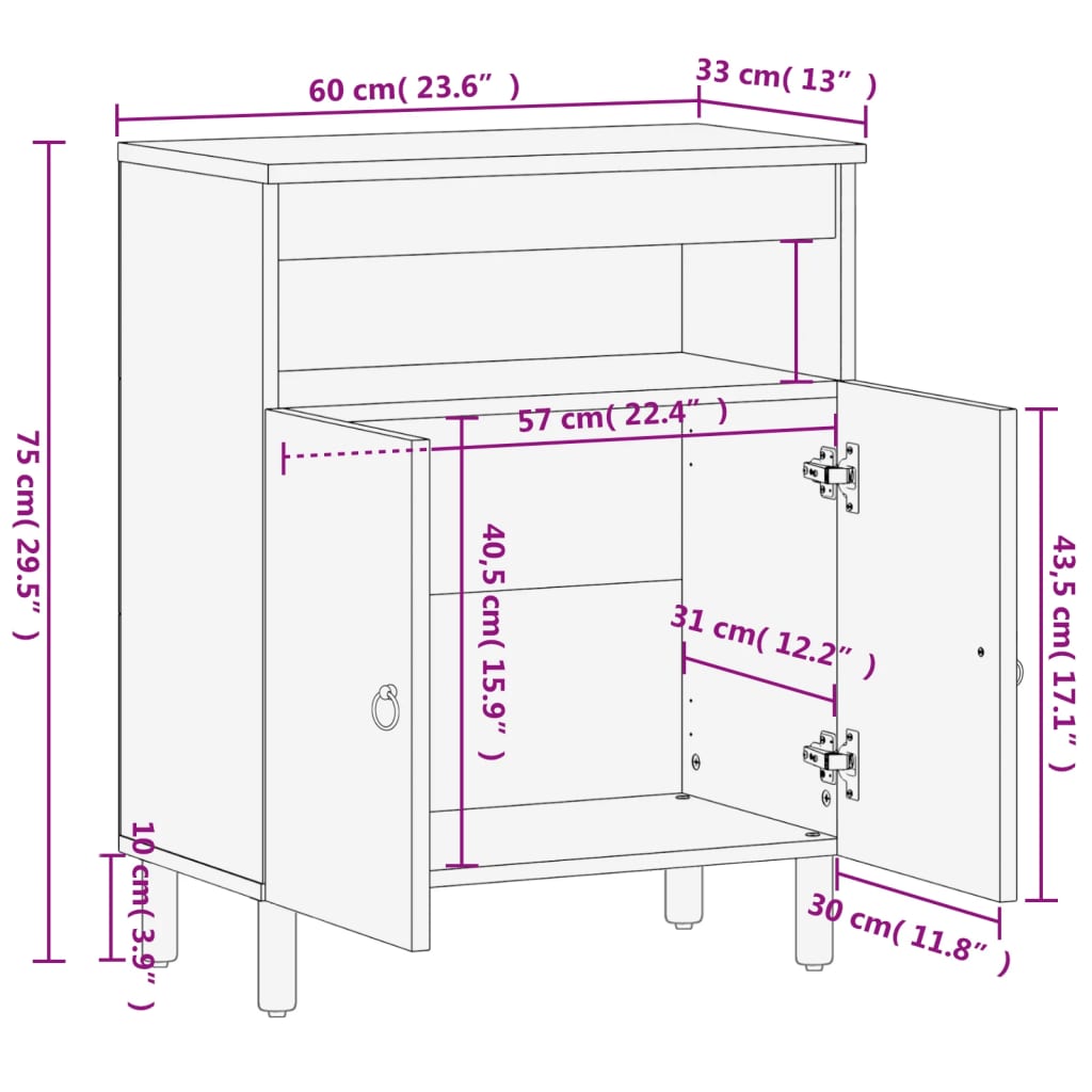 skab 60x33x75 cm massivt mangotræ