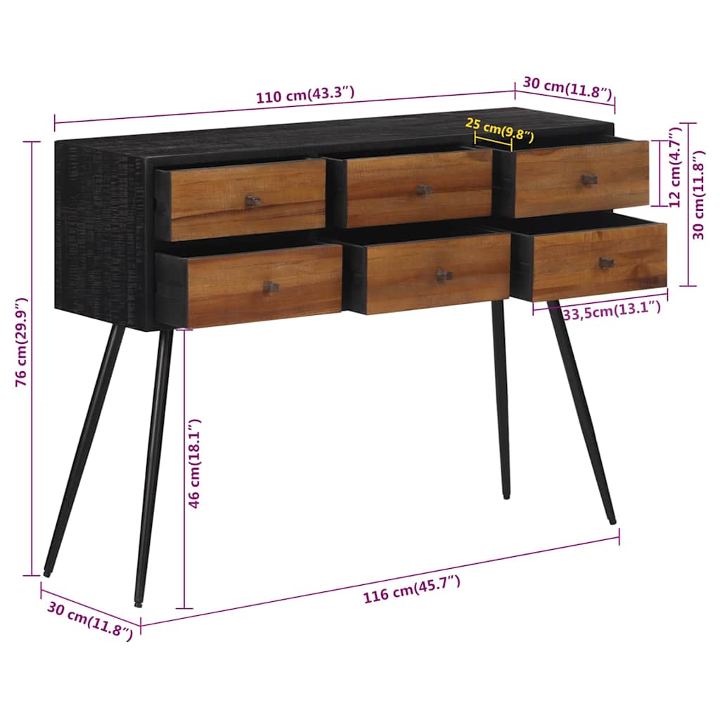 konsolbord med skuffer 116x30x76 cm massivt genbrugsteak