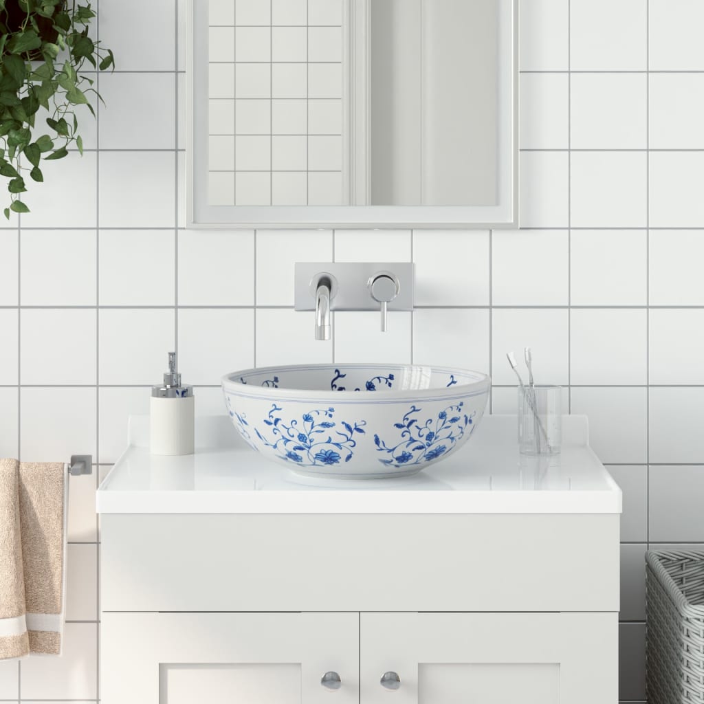 håndvask til bordplade Φ41x14 cm rund keramik hvid og blå