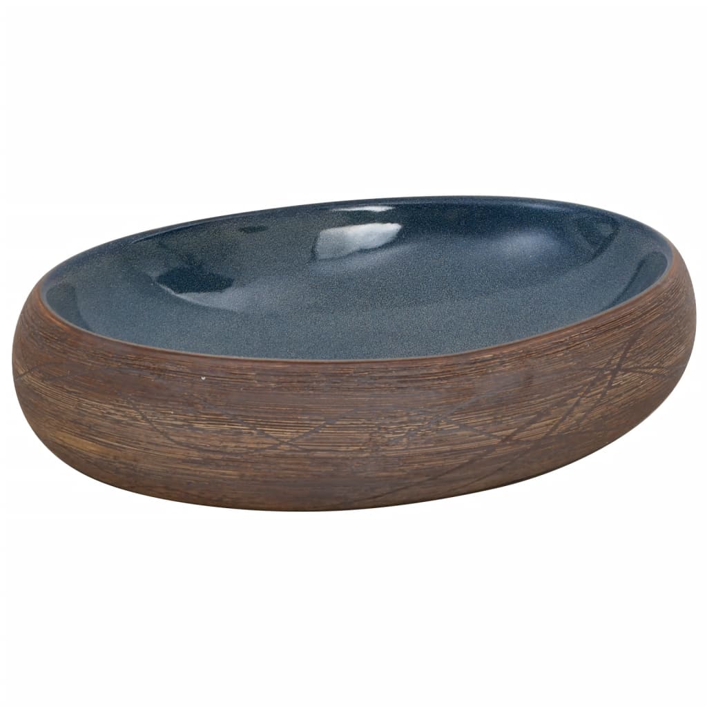 håndvask til bordplade 59x40x15 cm oval keramik brun og blå