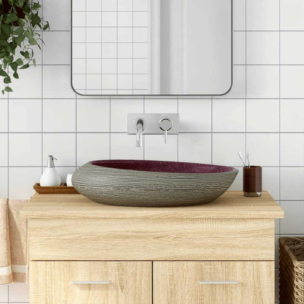 håndvask til bordplade 59x40x14 cm oval keramik lilla og grå