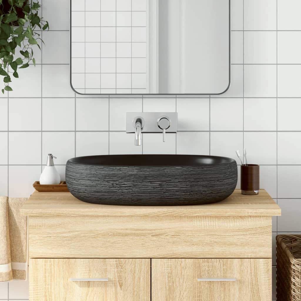håndvask til bordplade 59x40x15 cm oval keramik grå og sort