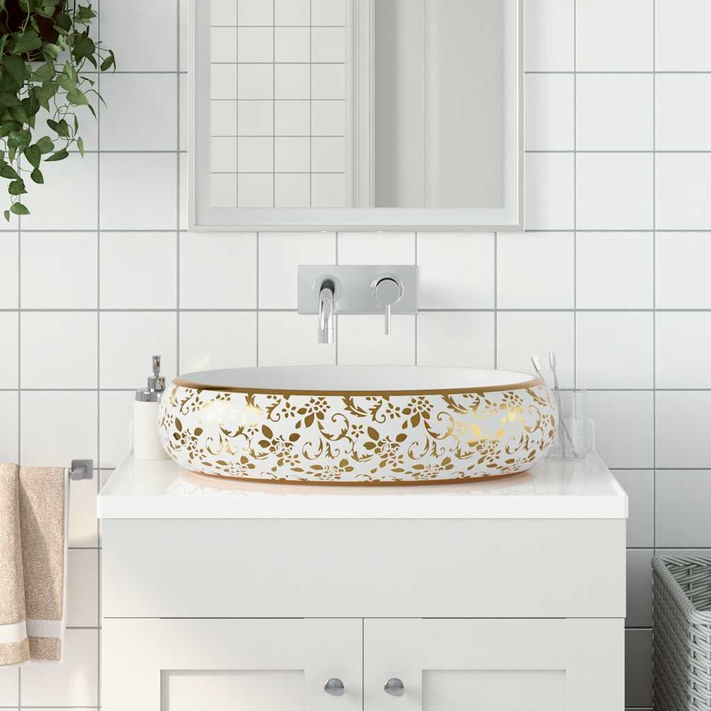 håndvask til bordplade 59x40x15 cm oval keramik hvid og guld