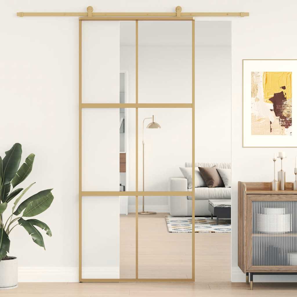 skydedør 90x205 cm klart sikkerhedsglas og aluminium guldfarvet