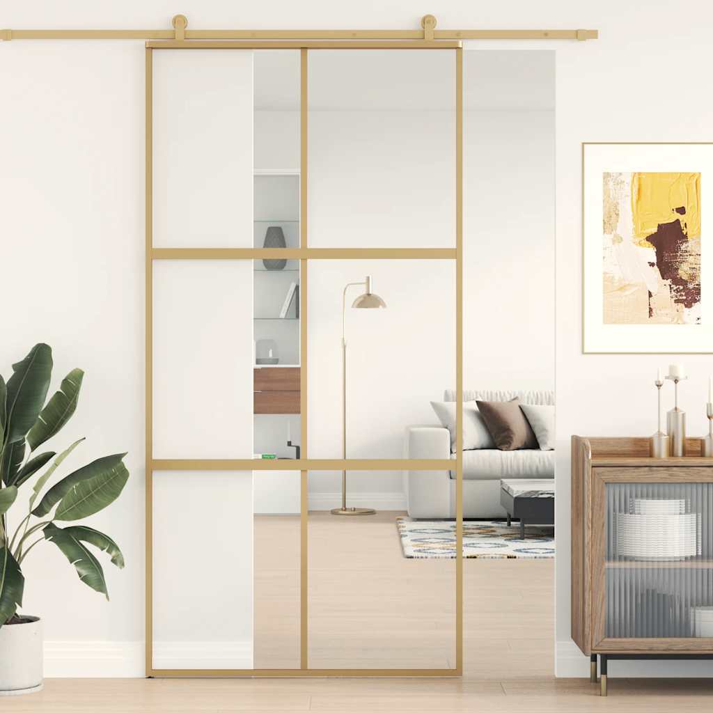skydedør 102,5x205 cm klart sikkerhedsglas og aluminium gylden
