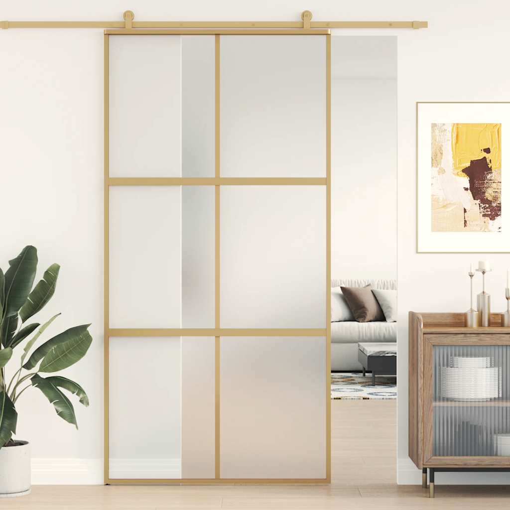 skydedør 102,5x205 cm matteret sikkerhedsglas aluminium gylden